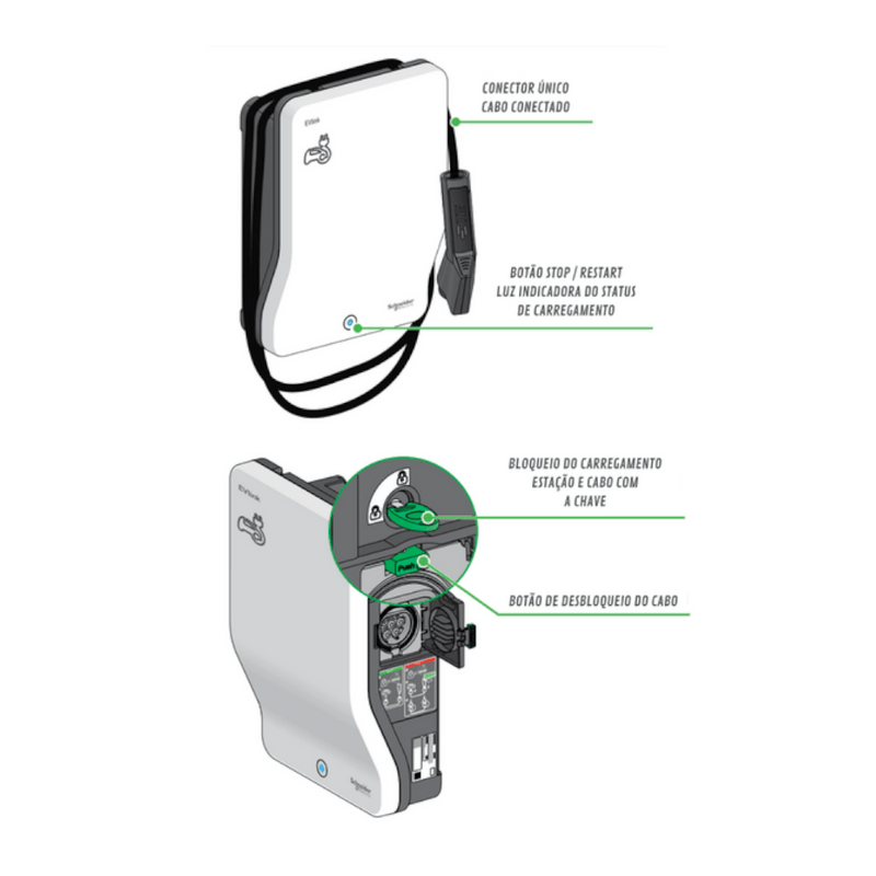 Carregador Para Carro Elétrico Evlink Smart Wallbox 7,4KW 32A 220V 1P+N Com Cabo Tipo T2 Rfid EVB1A7PCRI - Schneider